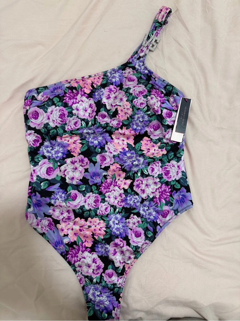 Victoria's Secret One-Shoulder Floral One-Piece in Purple and Pink